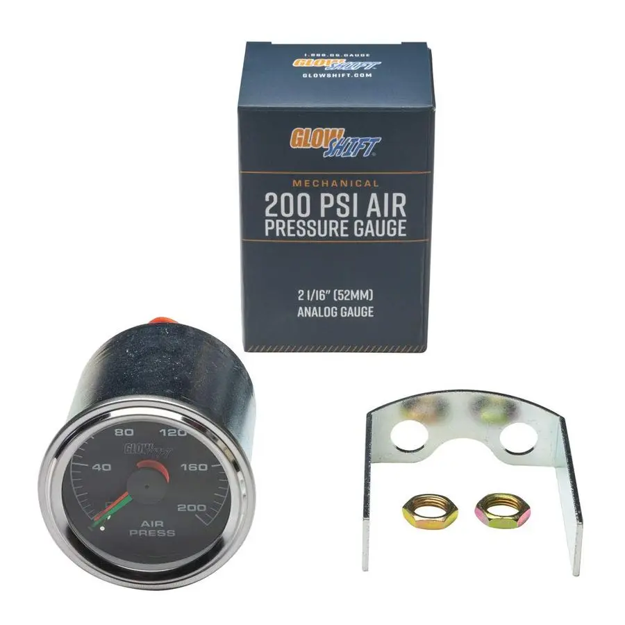 Manometr mechaniczny podwójny analogowy 200 PSI do układów zawieszenia pneumatycznego, czarna tarcza, białe podświetlenie LED, przezroczysta soczewka, czerwony am