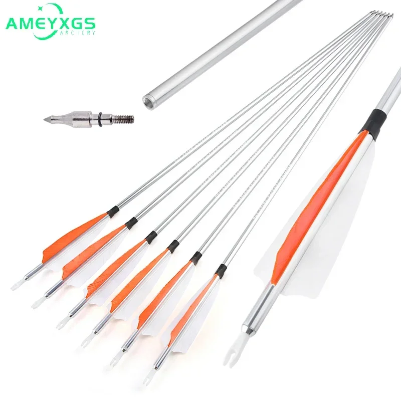 

Archery 12/18pcs Aluminum Arrow 500 Spine ID 6.45mm OD 7.6mm 4'' Vanes Shield Turkey Feather Hunting Shooting Targeting Practice