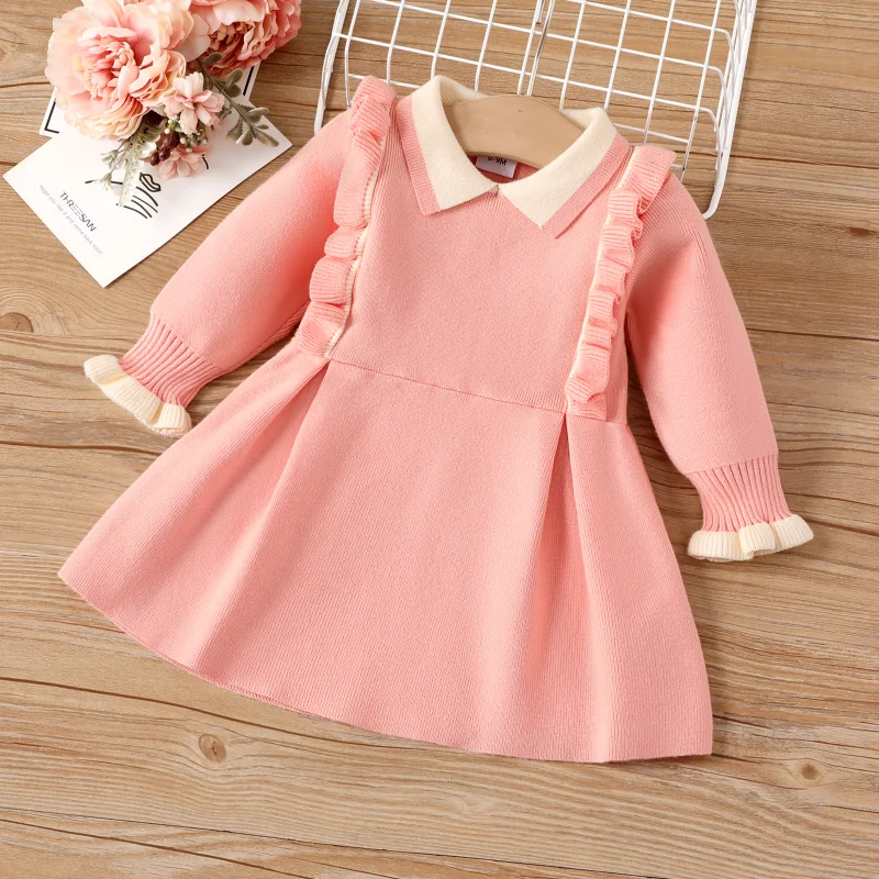 

PatPat Sweet Ruffle Edge Baby Girl Dress Set, 1pc, Medium Thickness, Solid Color, Long Sleeve