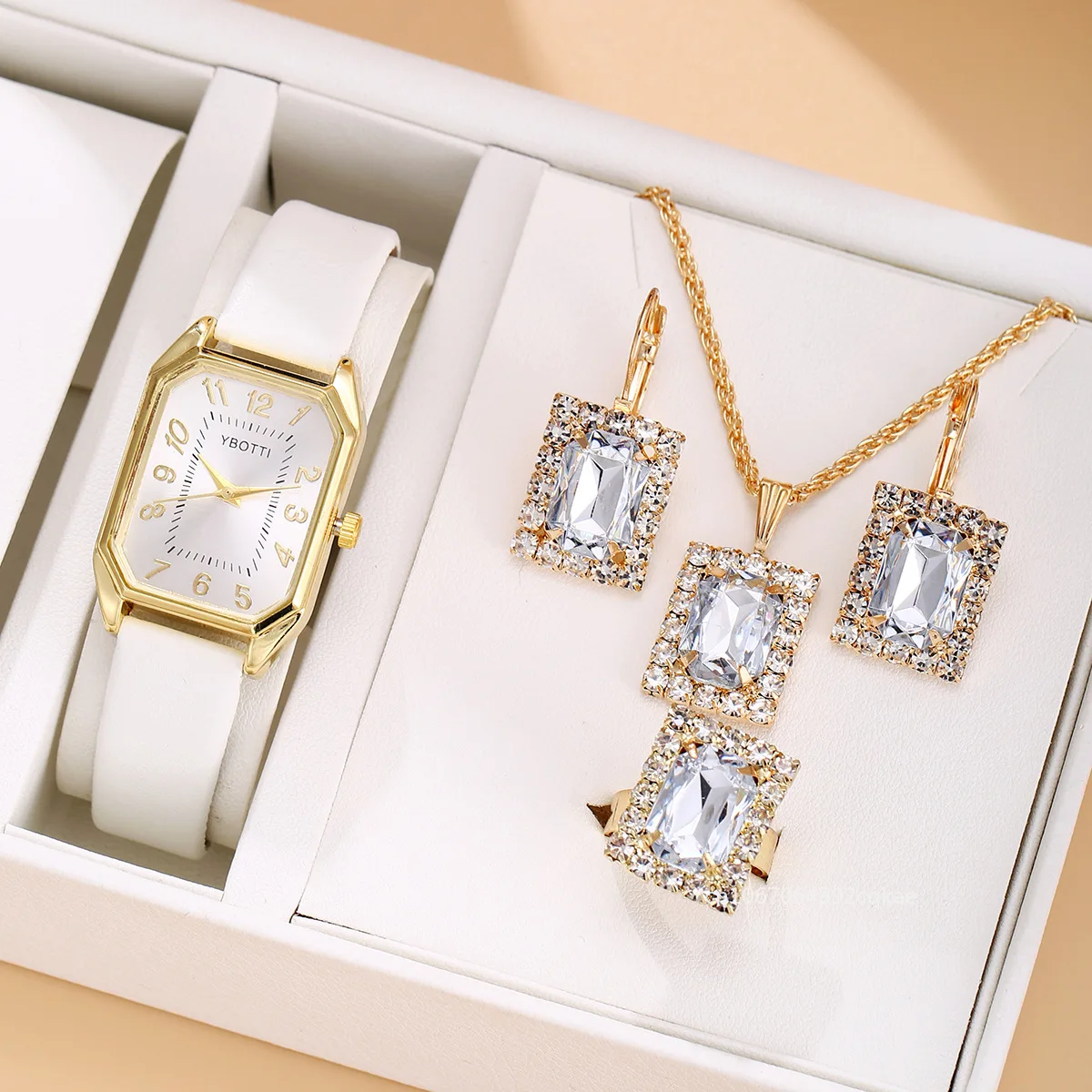 2024 New Leisure Fashion Leather Women\'s Business Square Quartz Watch Korean Rhinestone Jewelry Set Reloj Mujer Elegante