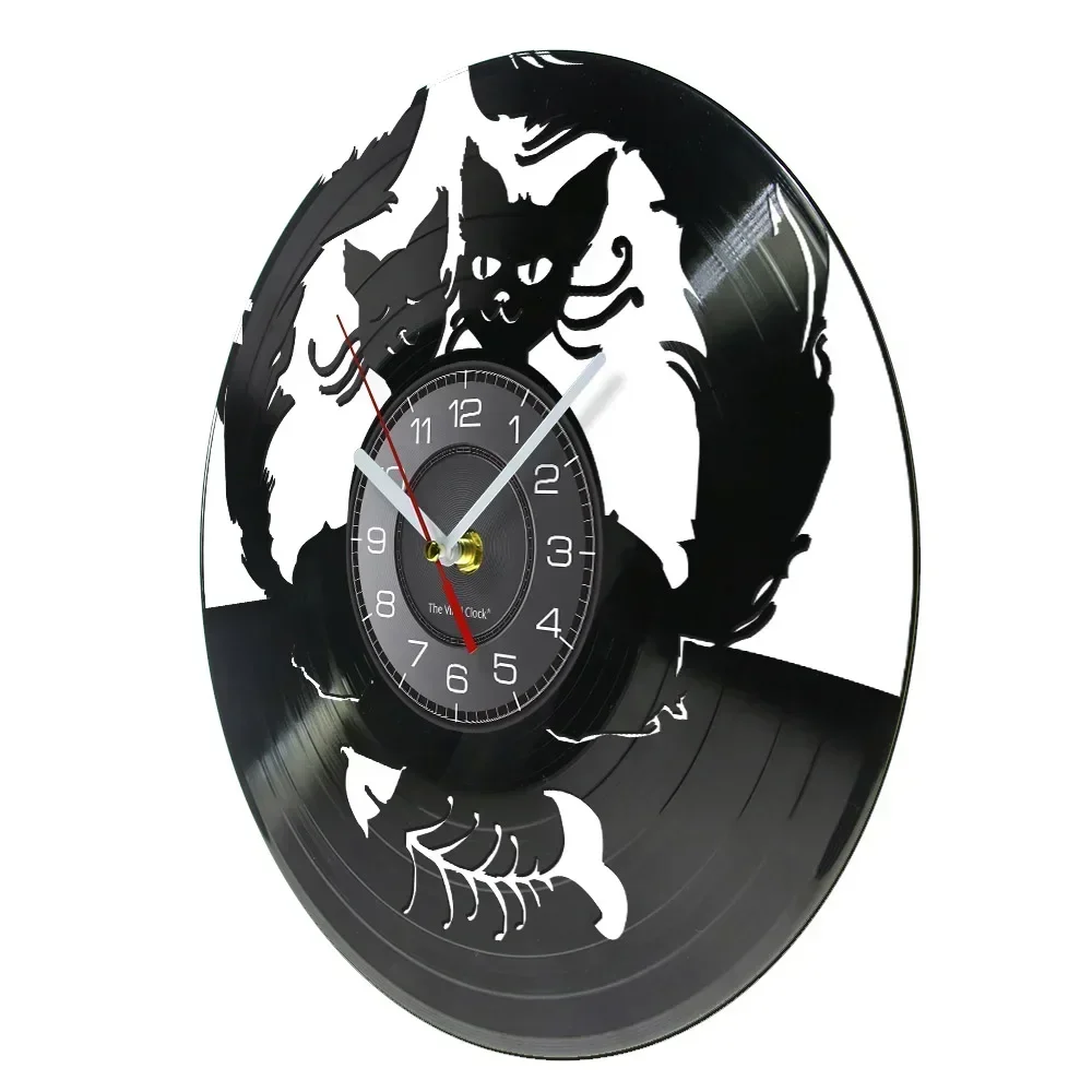 Cats in Love Wall Clock 2 Pussy Cats Lover Kitty Vinyl Record Art Clock Animals in Love Cats and Fishbone Decorative Wall Clock