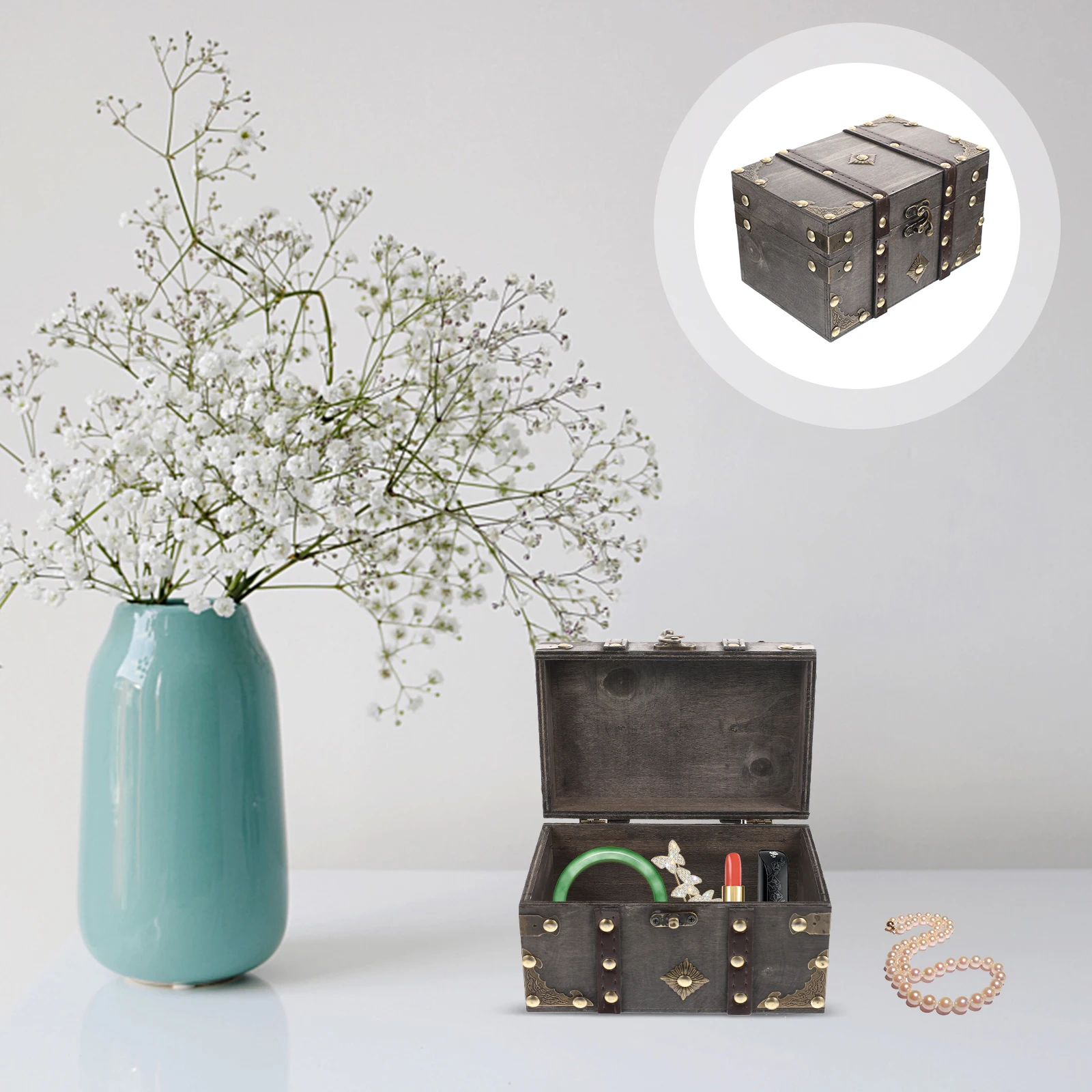 

Запираемый деревянный органайзер для ювелирных изделий, коробка для хранения ожерелья и сережек, ретро-стиль, пыль, царапины, личное использование