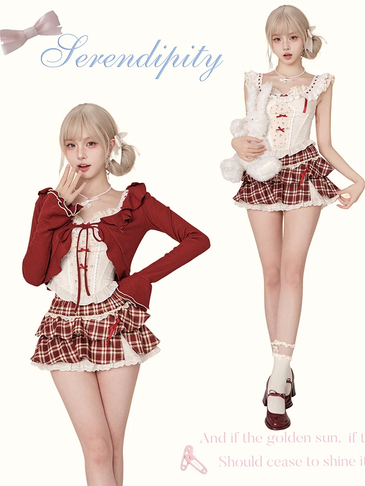 Summer 2024 Girl Set Women's Long-Sleeved Red Cardigan Vest Tops Feminine High-Waisted Red Plaid Skirts Nice Women's Skirt Suit