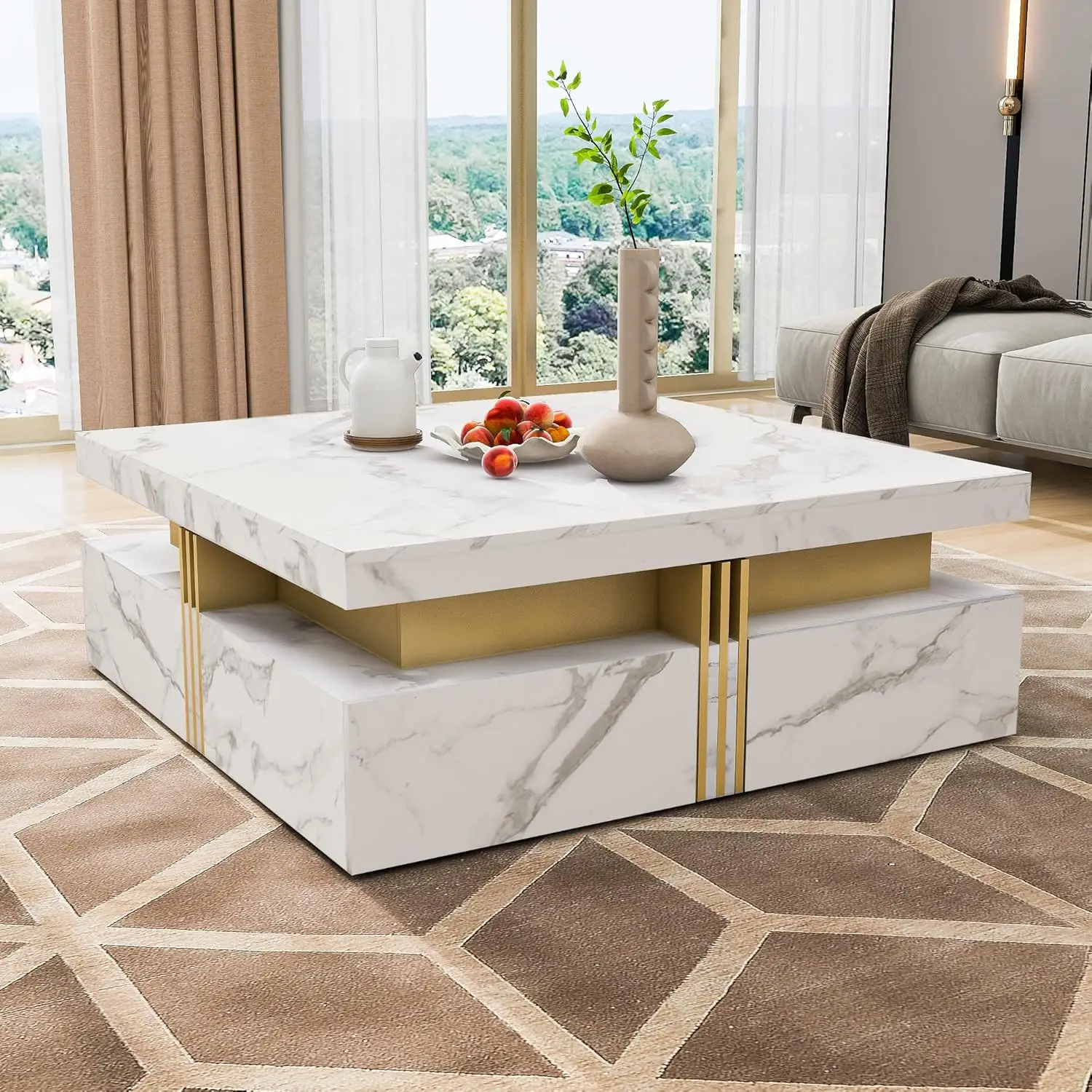 

Square Faux Marble Coffee Table - 43.3" Large Square Coffee Table with 4 Storage Drawers & Faux Marble Texture, Luxury Tea Table