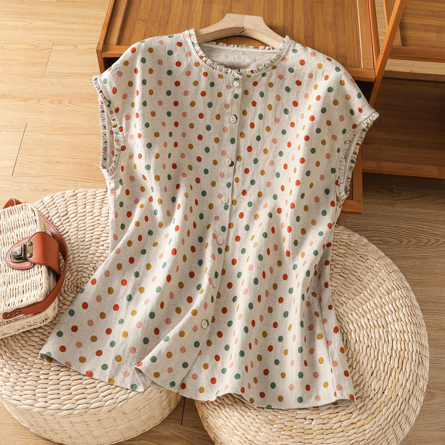 

Polka Dot Cotton Linen Shirt Short Sleeve Thin Top Wooden Ear Fashionable Single Button Loose Fit Breathable Women's Blouse