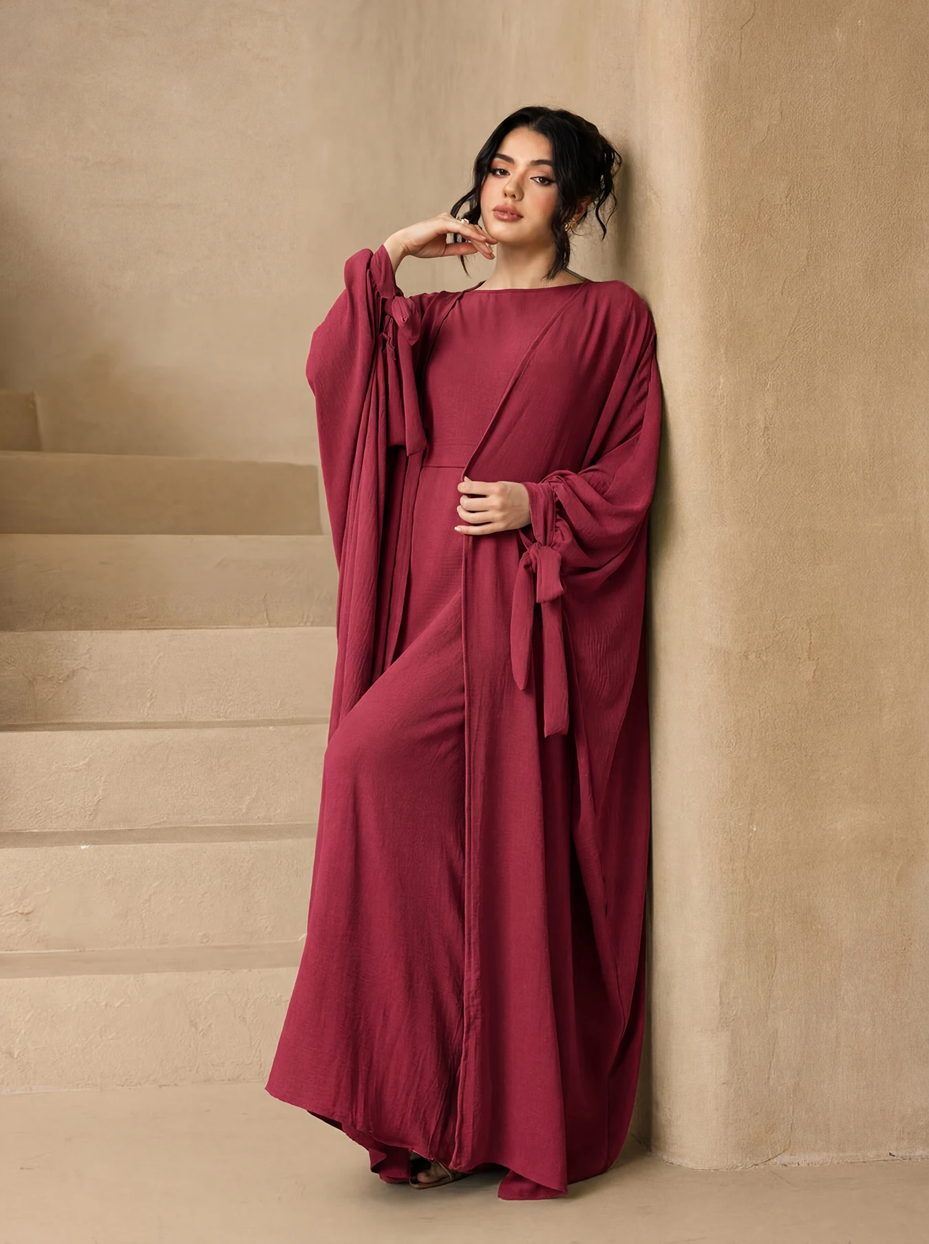 Bow Cuff Open Abaya 3 Piece Set With Hijab Belt, Crepe Loose Modest Maxi Outfit For Muslim Women Eid Party Daily Casual Wear