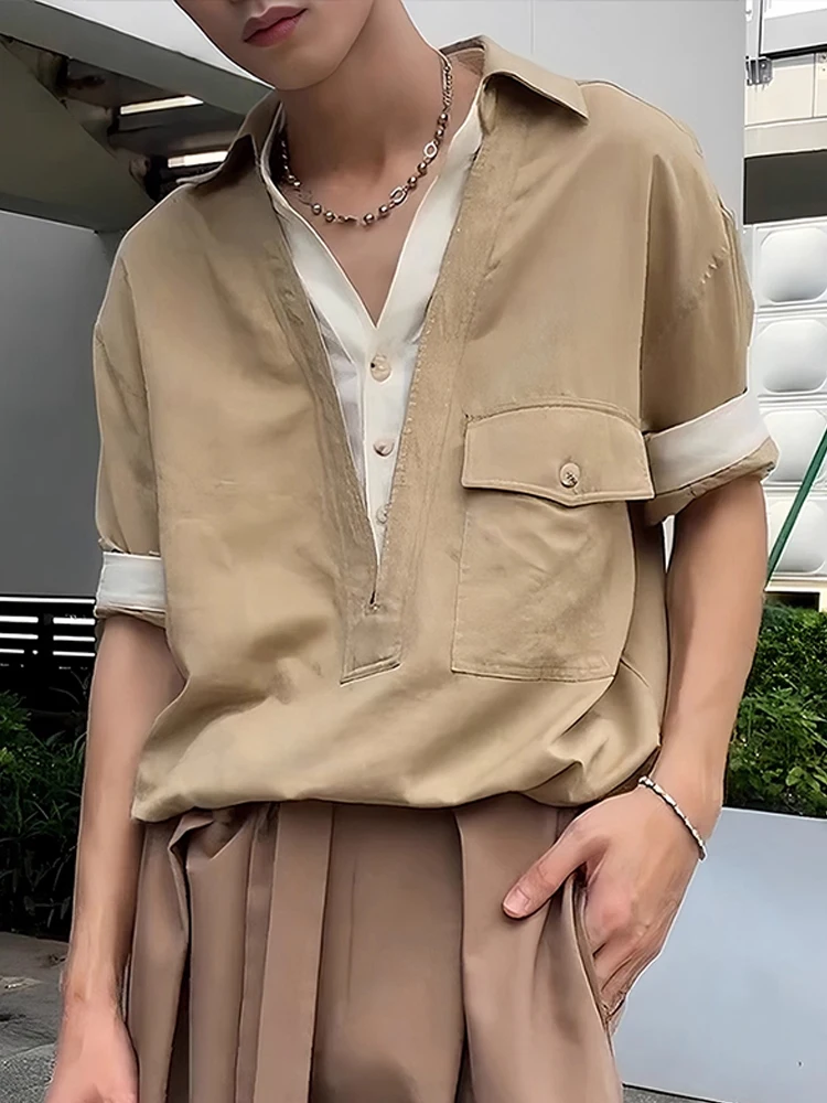 

Loose Casual Khaki Long Sve T-irt Men's Sle American Trendy Brand Autumn Faionable Top Outerwear Stand Fit irt