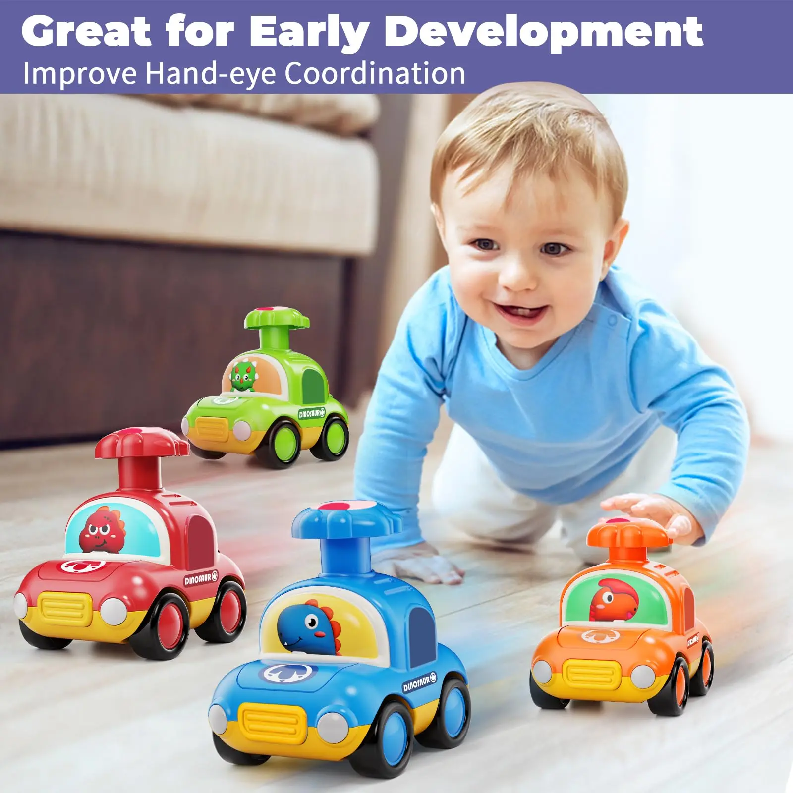 プレスゴー恐竜おもちゃタクシー車、18ヶ月以上向け、幼児用プッシュゴープレイビークル、プルバック摩擦車、イースターバスケット詰め物
