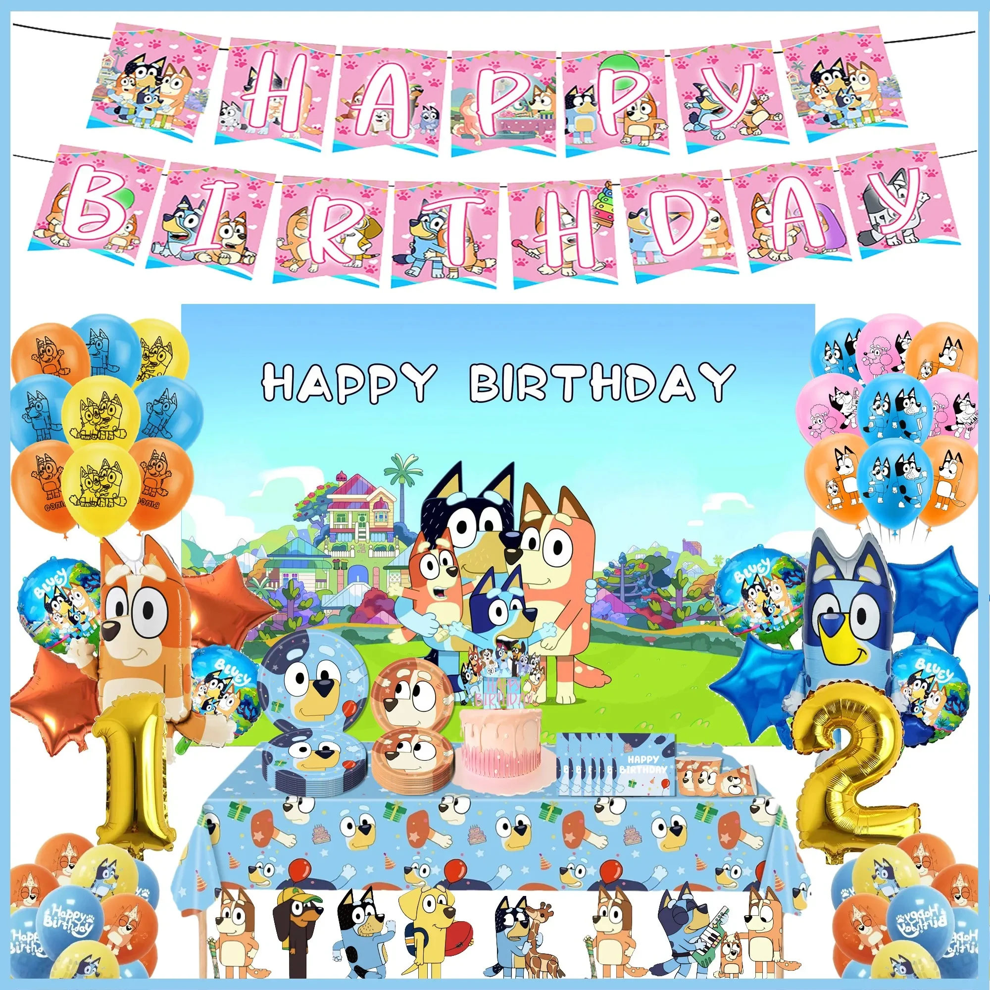 Bluey familia perro bonito plato de cubiertos para fiesta de cumpleaños cartel desechable pastel Topper colgante bandera globos conjunto decoraciones de cumpleaños