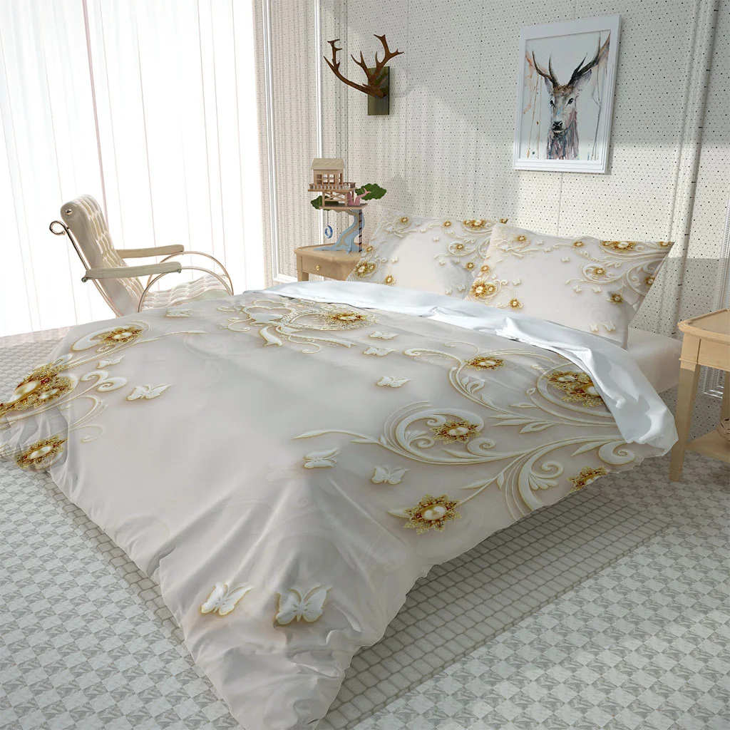 HUANZHUANG Queen Size 3D Golden jewellery flowers Theme Children'S Bedding Printed Quilt Cover 3-Piece 1 Duvet Covers 100% Polye