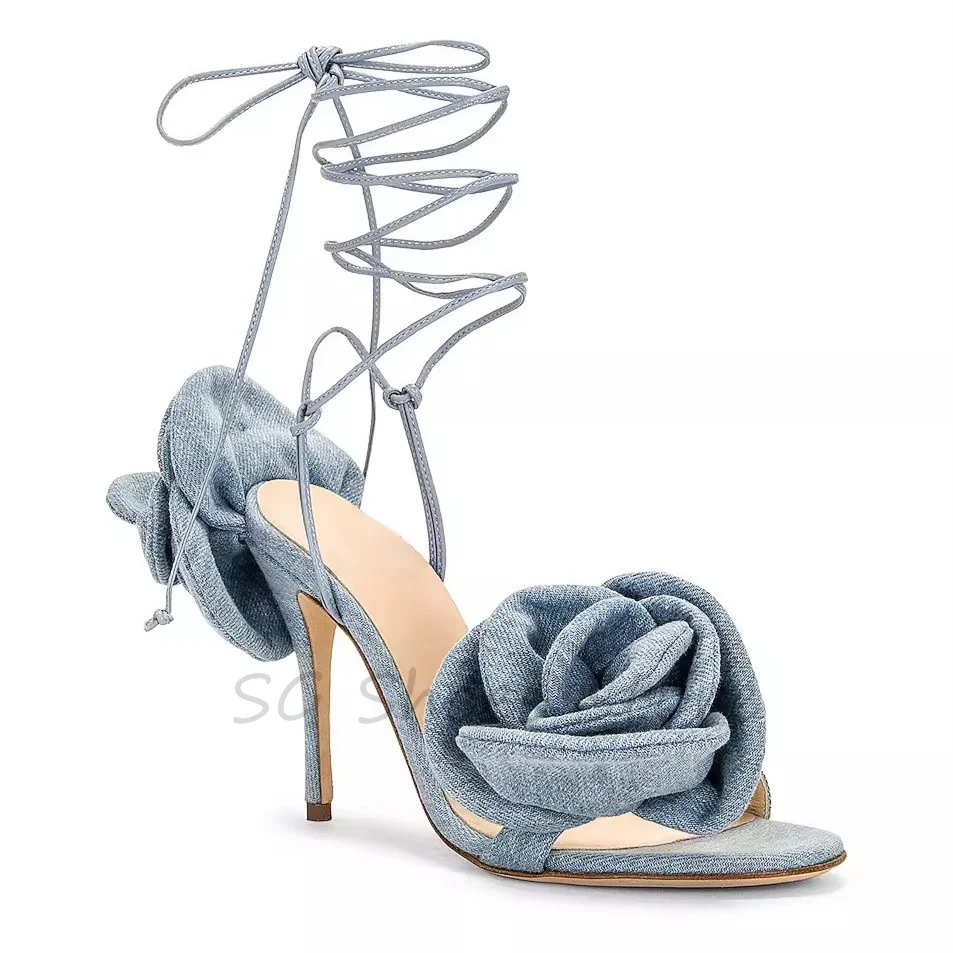 Denim Ankle Cross Strap Hight Heels for Women Rose Flowers Decor Sandals Peep Toe Thin Heel Slingback Pumps Wedding Bride Shoes