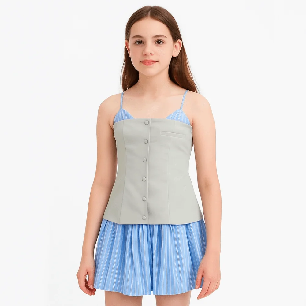 

Полосатое платье без рукавов для подростков, синего цвета, подтяжки, короткая юбка, свободная лоскутная широкая плиссированная юбка