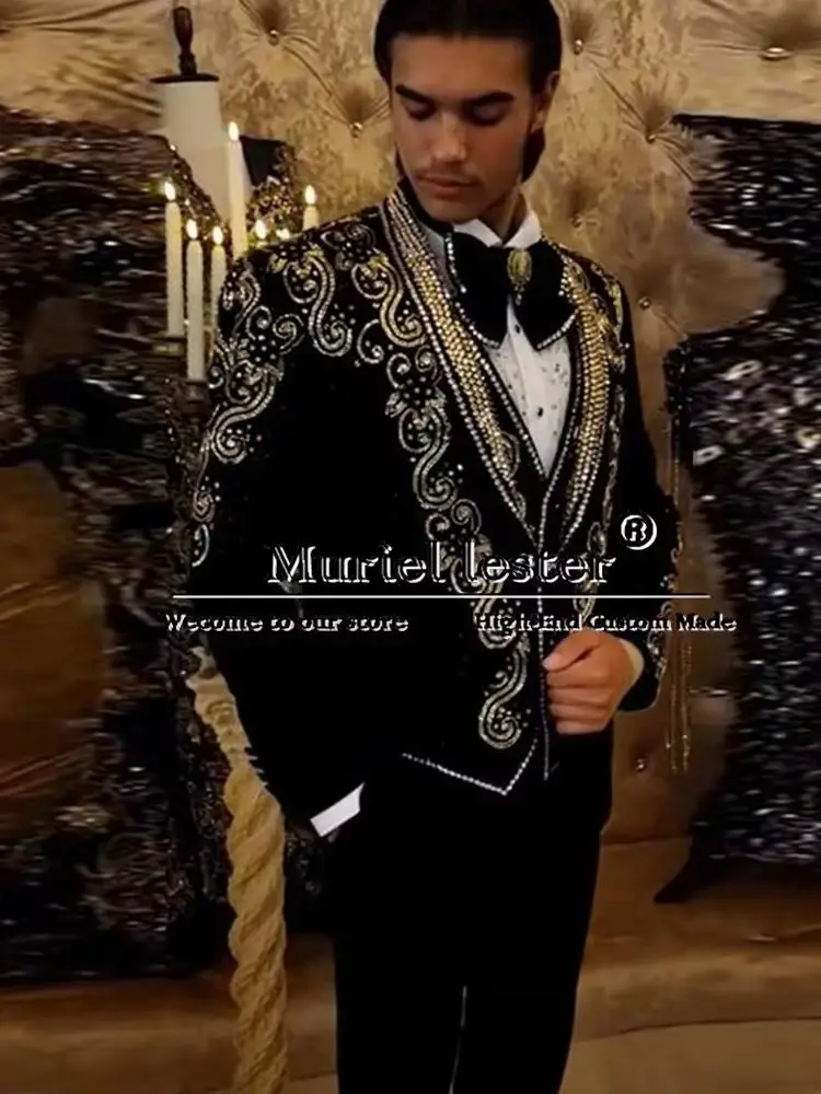 

Men's Sparkling Crystals Beaded Suits Customized Shawl Lapel Groom Wedding Dress Formal Party Male Fashion Clothing 3pc Tuxedo