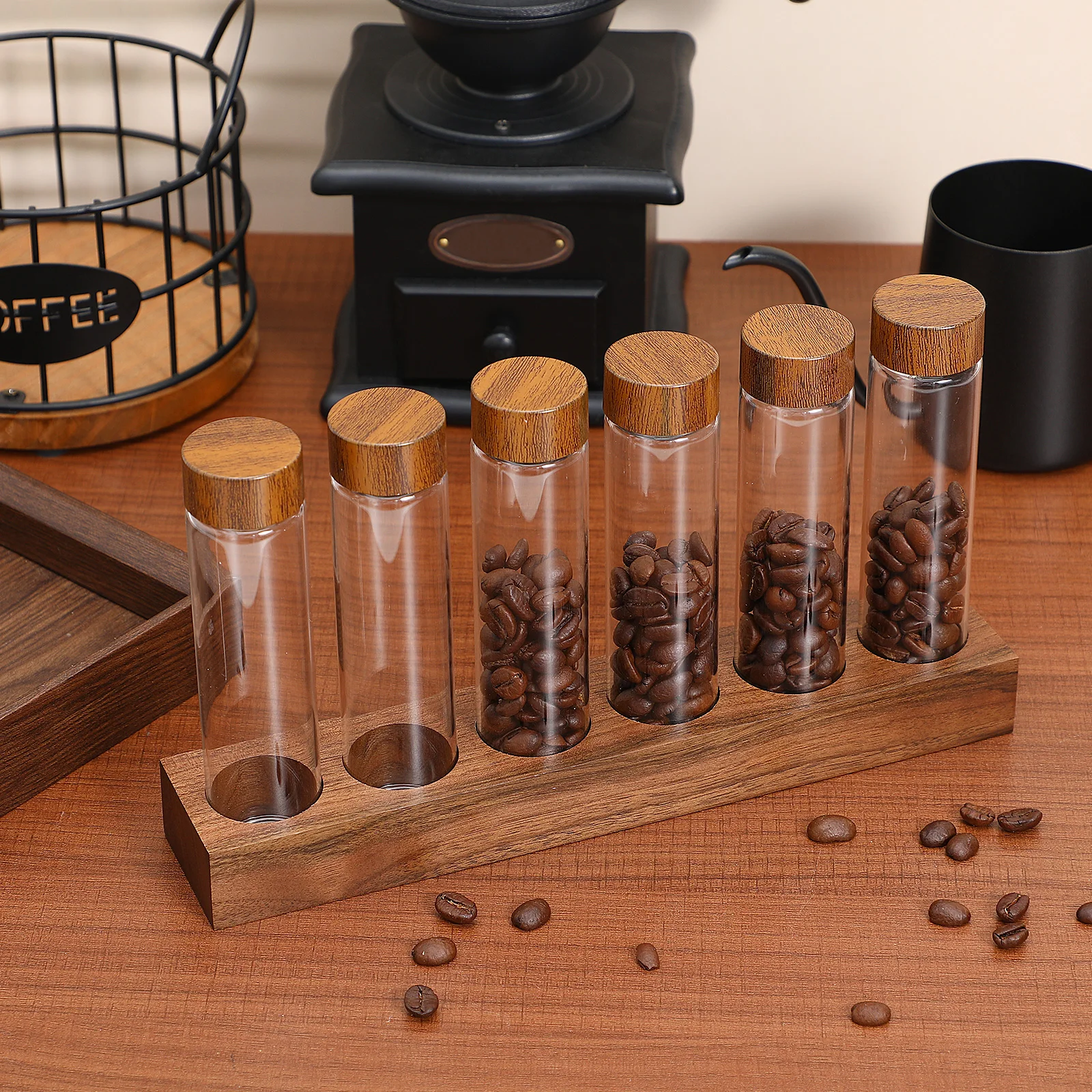 

1Set Coffee Bean Storage Tubes Glass Vials Threaded Lids Wooden Display Stand Airtight Storage Holder Gift Coffee Bean Glass Jar
