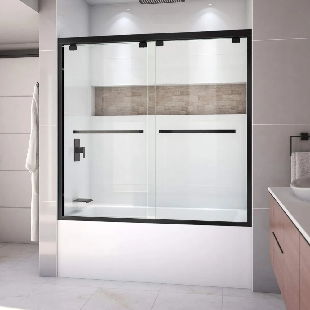 Semi-frameless bypass tub door,satin black,creates your dream shower space,double sliding design for easy access from both sides