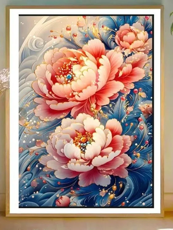 

Современный простой набор для вышивания крестиком с бисером: Пионы и символы богатства на хлопковой ткани. Декоративный текстиль для дома.