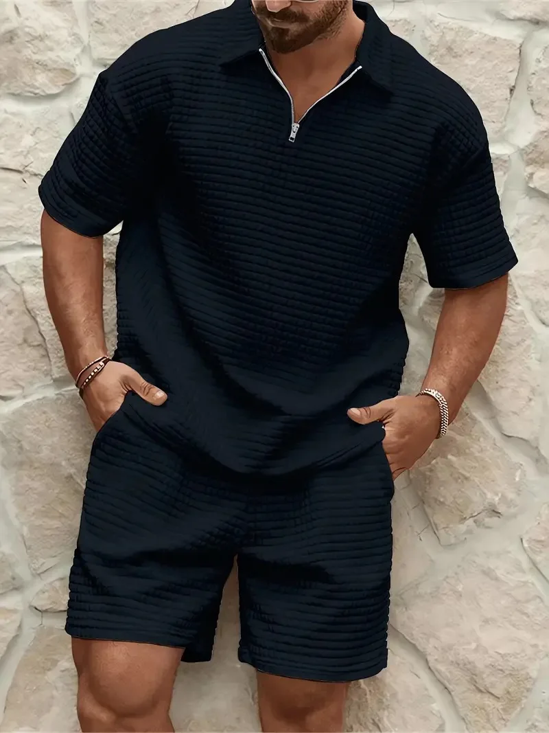 Summer New Men's Set Trendy Casual Fashion Small Square Comfortable Solid Color Polo Sport Set