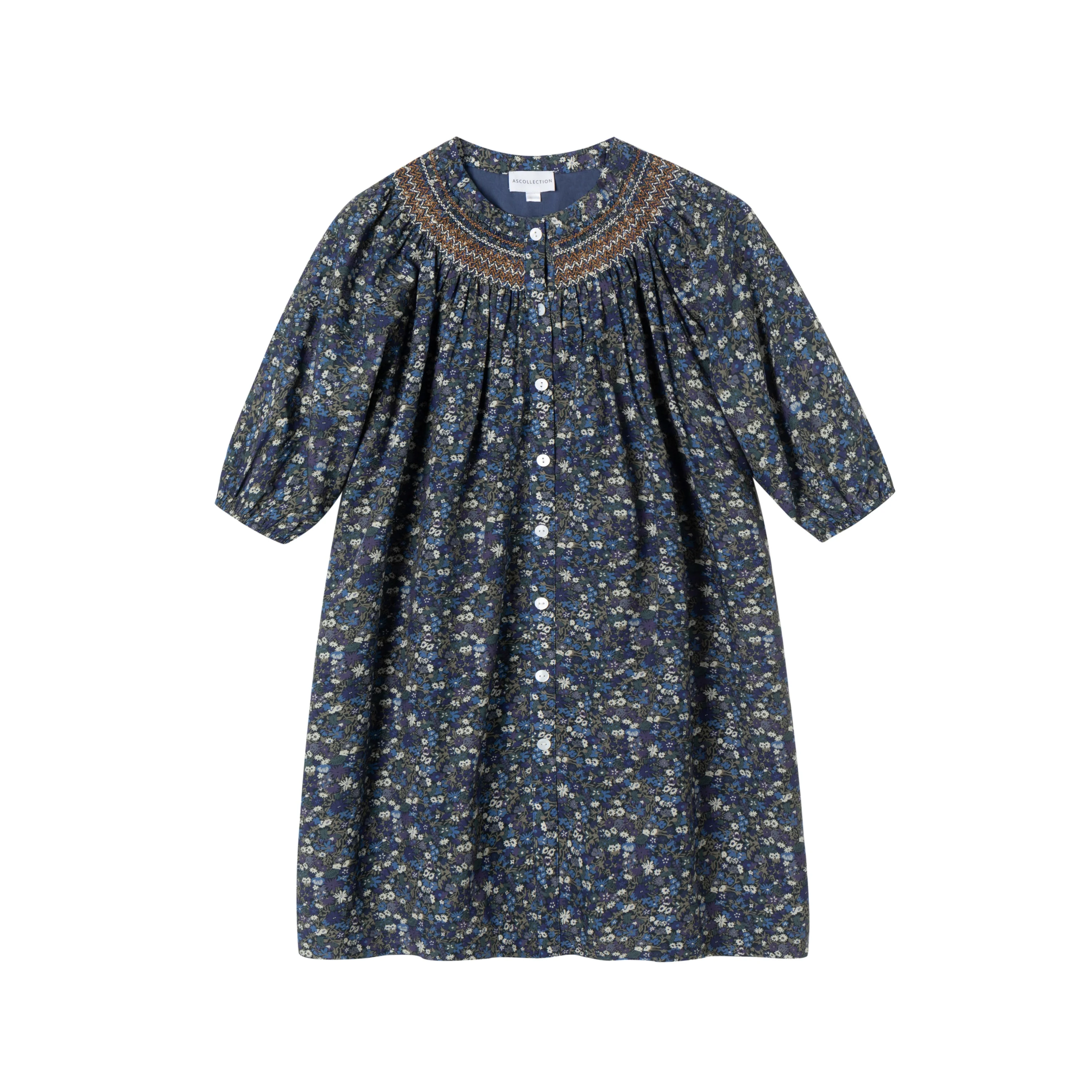 Spring Summer Smocked Round Neck 3/4 Sleeves Girl Dress Casual Daily Vintage Floral Print Kids Girls Clothing Dresses 2026