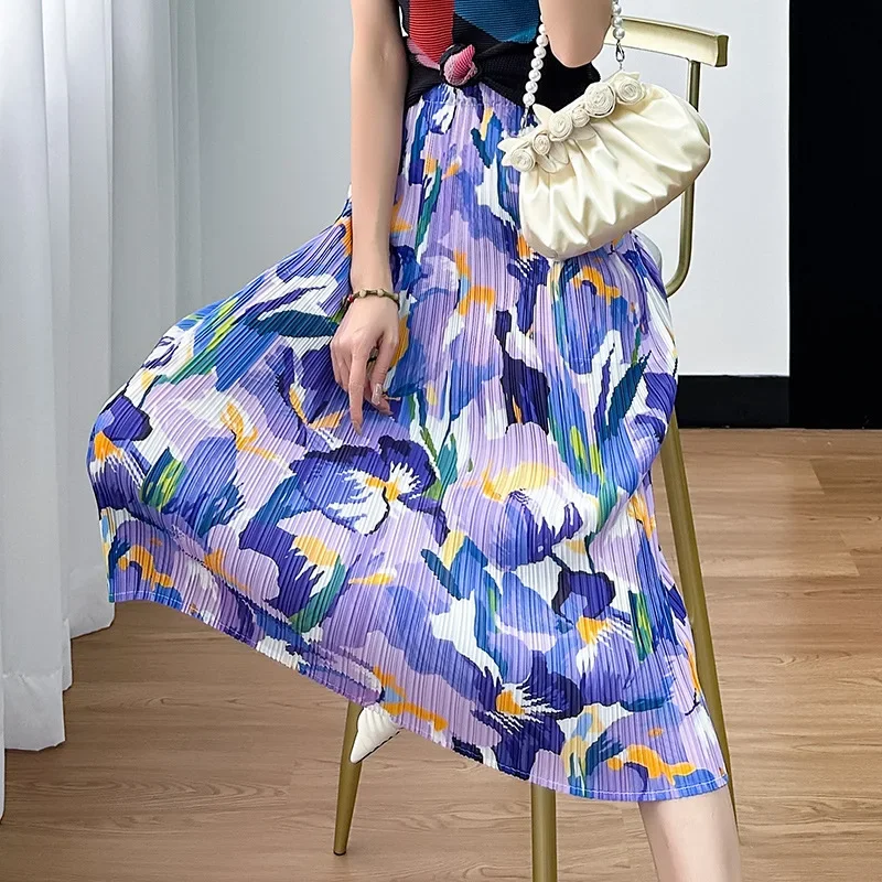 

Miyake Pleated Skirt Women's 2024 Summer New Style High-waisted Temperament Slimming Slit Fashionable Mid-length Printed Skirt