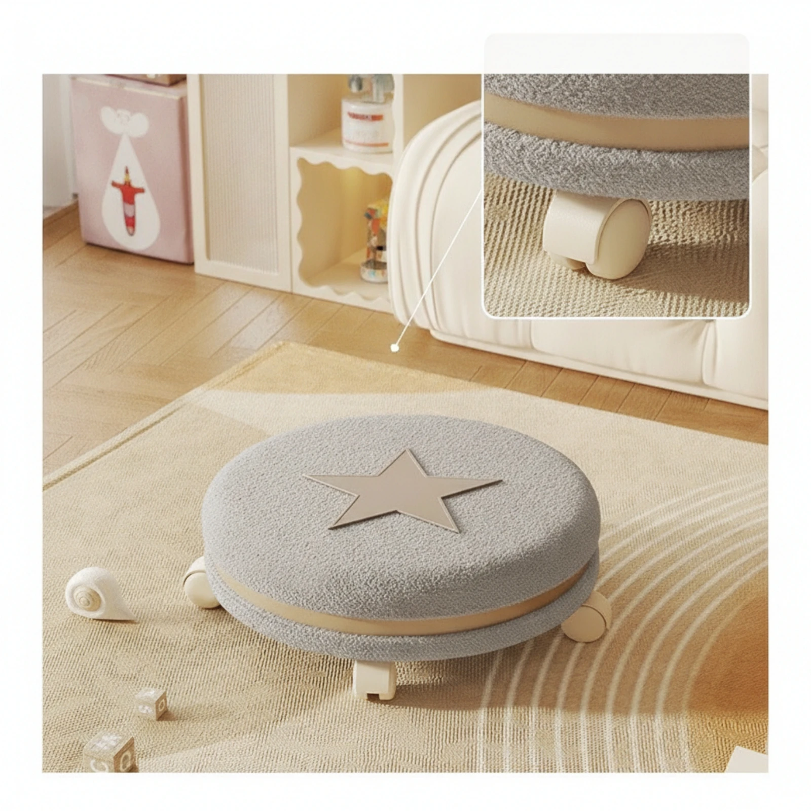 Low Rolling Stool Washable Low Stool with Backrest Roller Seat Upholstered Comfortable for Children, Playroom, Reading Corner