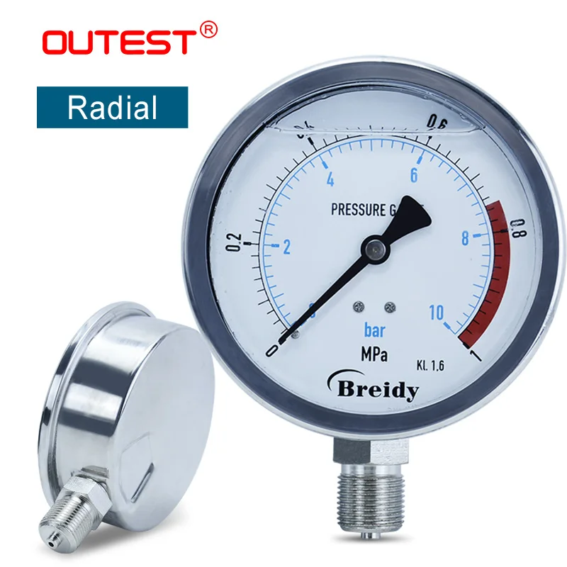 OUTEST Hydraulic Water Pressure Gauge 0-60mpa Radial G 1/4 G1/2 Oil Air 304 Stainless Steel Anti-vibration Manometer