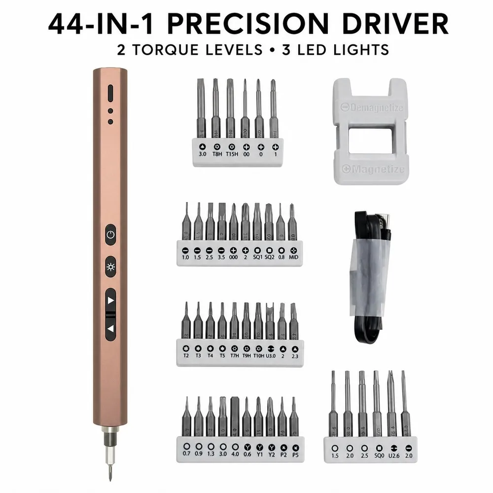 44 in 1 Precision Electric Screwdriver Set, 42 S2 Bits, USB-C Rechargeable Repair Tool with LED Light for Electronics