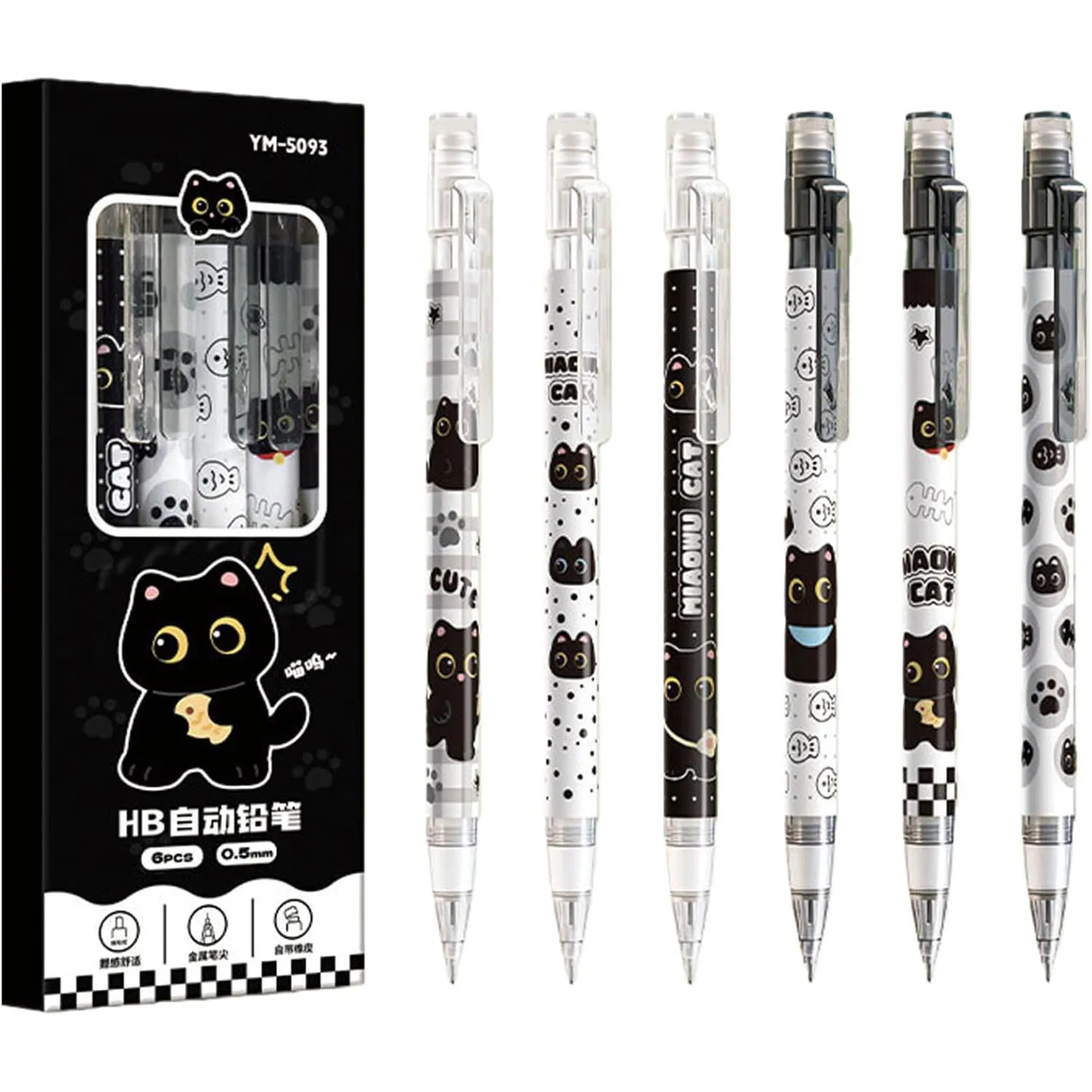 

6 Pcs Cute Mechanical Pencils with Eraser 0.5mm Cartoon Cat Mechanical Pencil School Pencil for Kids Boy Girl Women