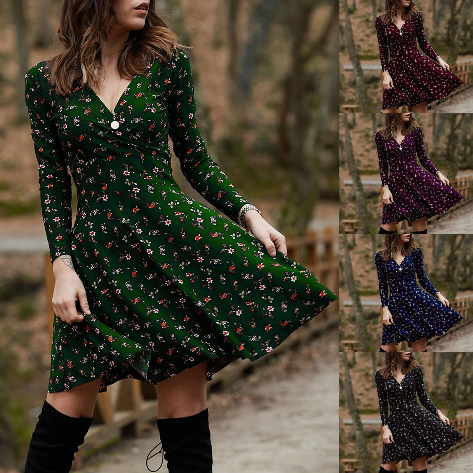 Elegant Vintage Floral Print Swing Midi Dress Women Retro High Waist Draped Long Sleeve Female Dresses Party Dating Dress 2025