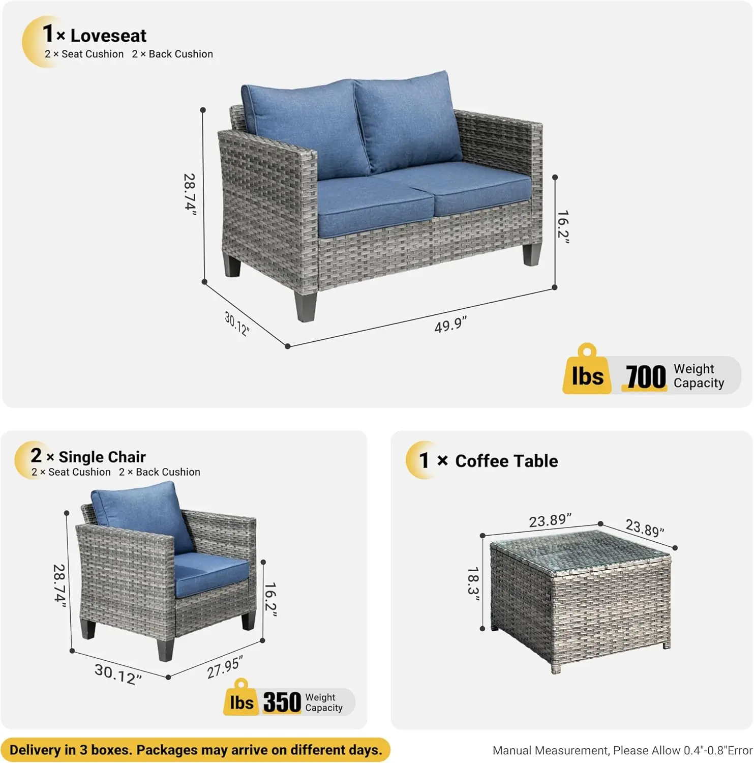 

4 Piece Outdoor Sectional Sofa Set with Loveseat Chairs Coffee Table High Back Couch All Weather Wicker Rattan Conversation Sets