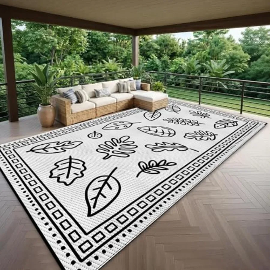 

RV Outdoor Rug 9x12, waterproof plastic straw mat, UV resistant reversible, beige and brown, includes 4 stakes and carry bag fo