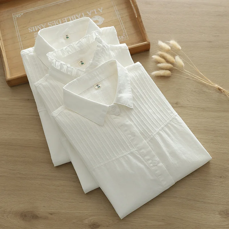 Camisa branca monocromática feminina, algodão casual, blusa de manga comprida, tops simples, roupas finas para senhora do escritório, nova, primavera, 2022