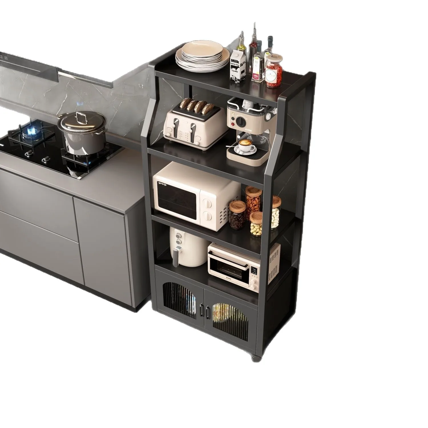 

Wheeled floor to ceiling kitchen rack microwave oven oven storage living room transparent cabinet