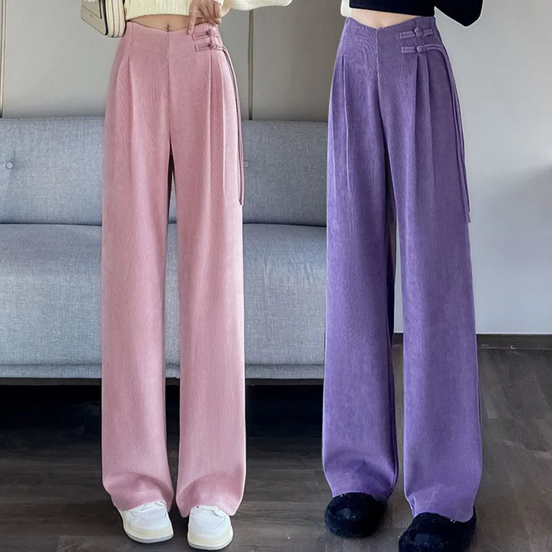 Women Thicken Chenille Fabric Straight Leg Pants Chinese Button Casual Wide-leg Trousers Autumn Winter With/without Velvet Pants
