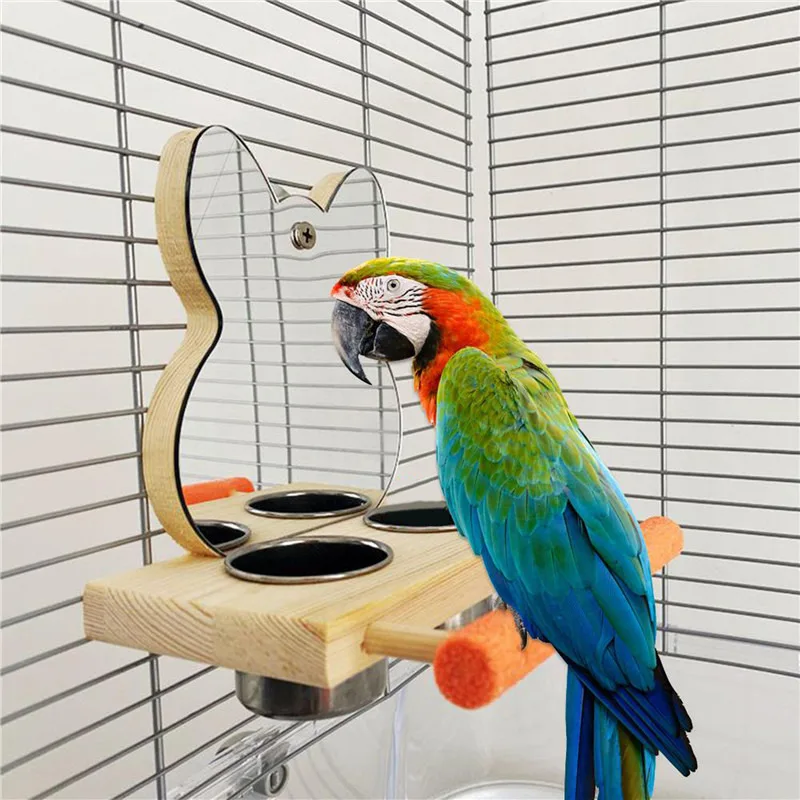 Pet Bird Mirror With Feeder Bowl Parrot Cage Toy With Mirror for Macaw African Greys Parakeet Cockatoo Cockatiel Conure Canaries