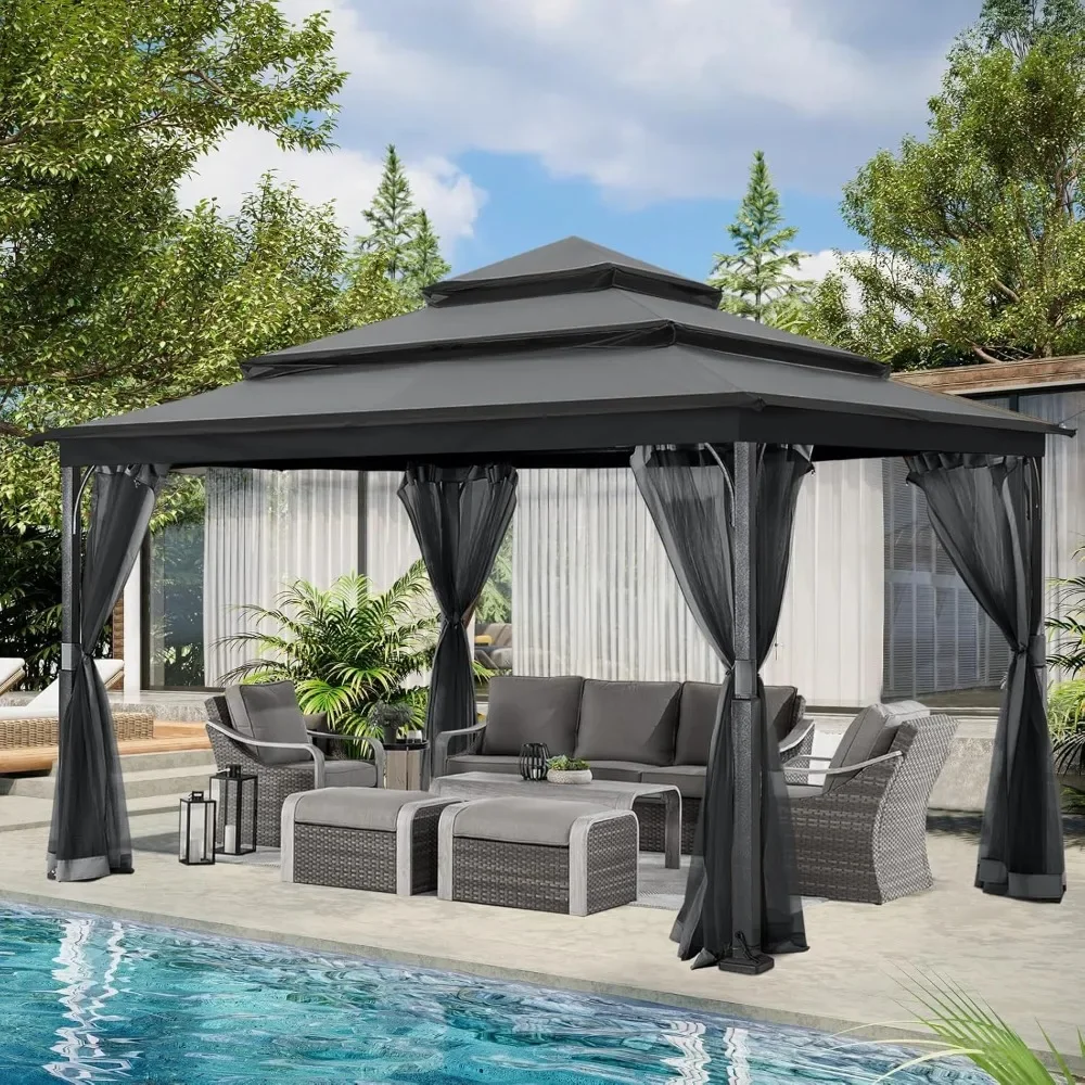 12x12FT Outdoor Gazebo for Patios with 3-Tier Roof Canopy Gazebo with Mosquito Netting,Dark Gray Garden Buildings