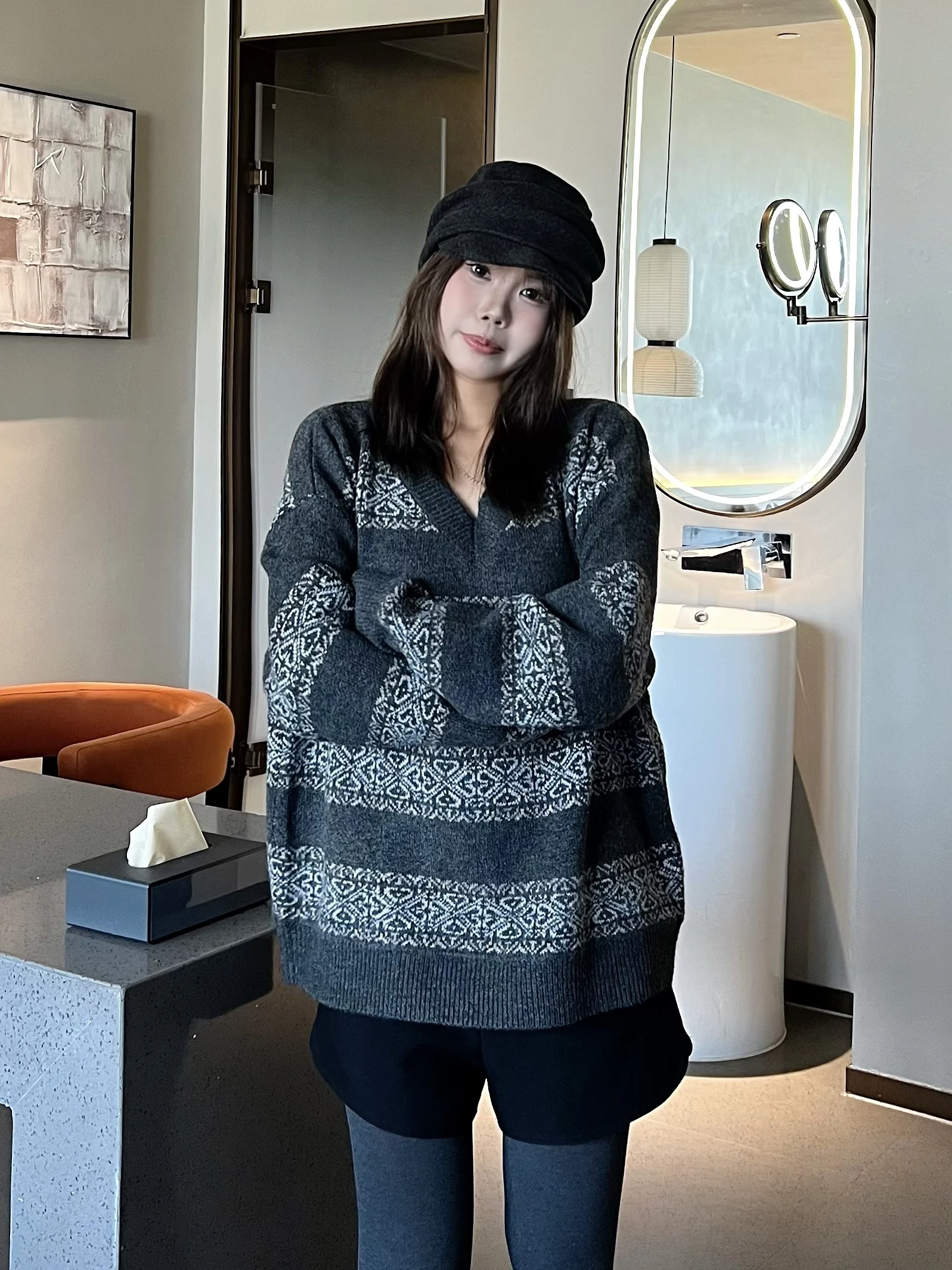 

Retro American Fair Isle Color Blo Striped V Ne Sweater Women's Loose Lazy Sle All Match Knitted Winter Warm Long Sve