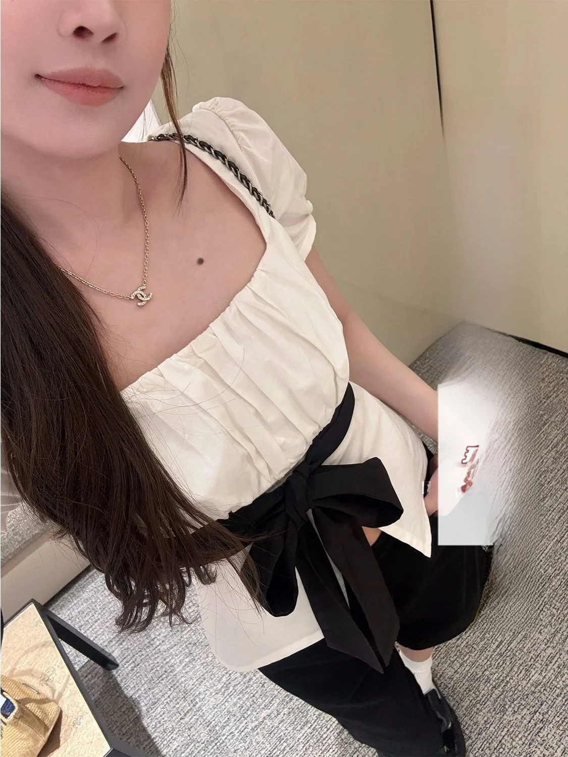 

ato Hero Bla White Contrast Color Knot Square Collar Bubble Sve Women's irt Aosphere Feeling Casual Sle