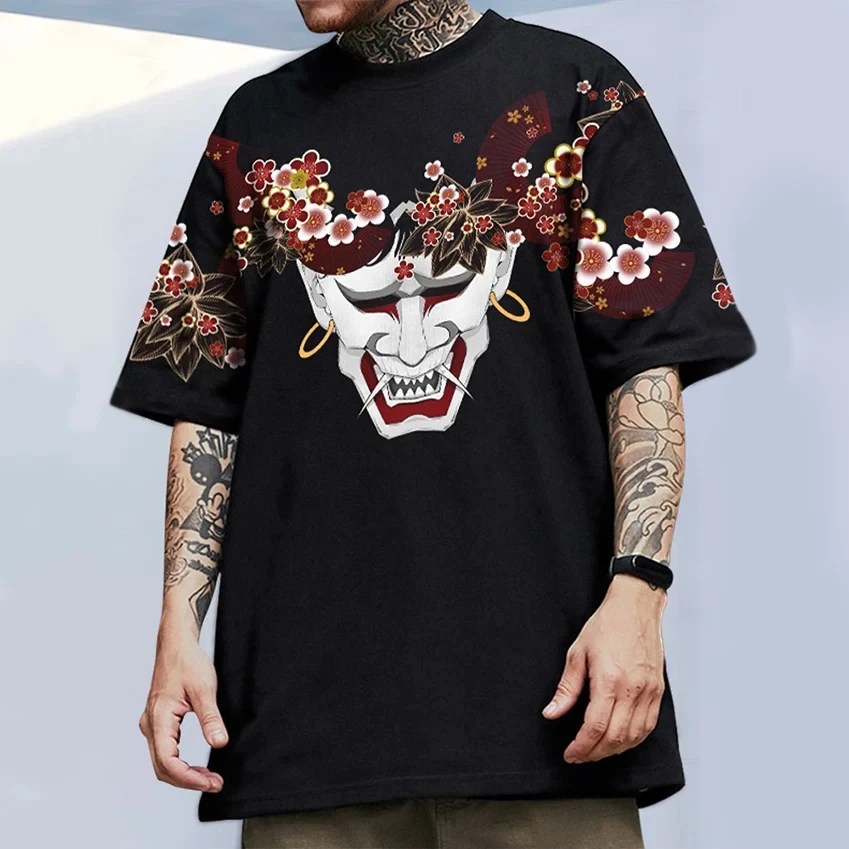 Men's Japanese Hannya Mask T-Shirt, Sakura Cherry Blossom Art, Quick Dry Breathable Streetwear for Summer Casual Wear
