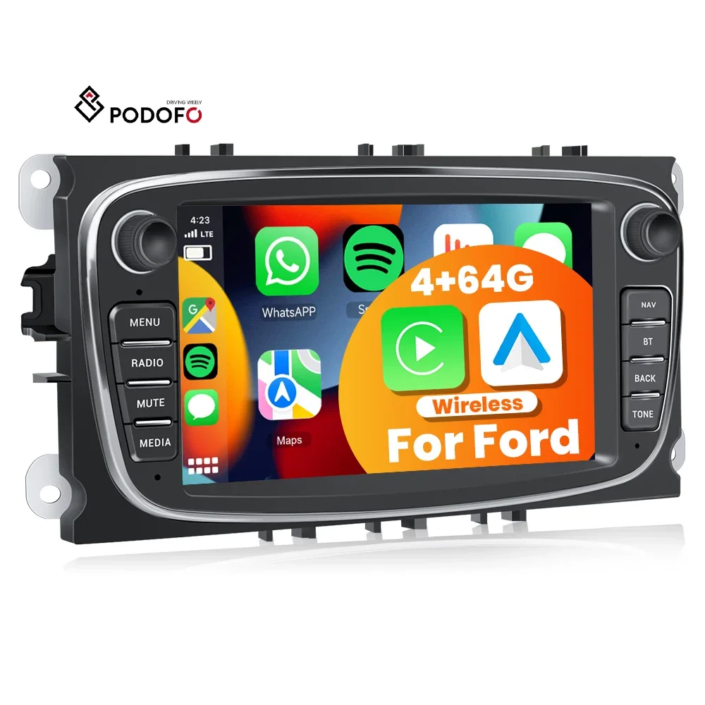 2025 Podofo 7 ''IPS شاشة تعمل باللمس 4 + 64GB CarPlay راديو السيارة أندرويد السيارات GPS/WiFi/BT/FM/RDS لفورد فوكس مونديو C-MAX S-MAX #1