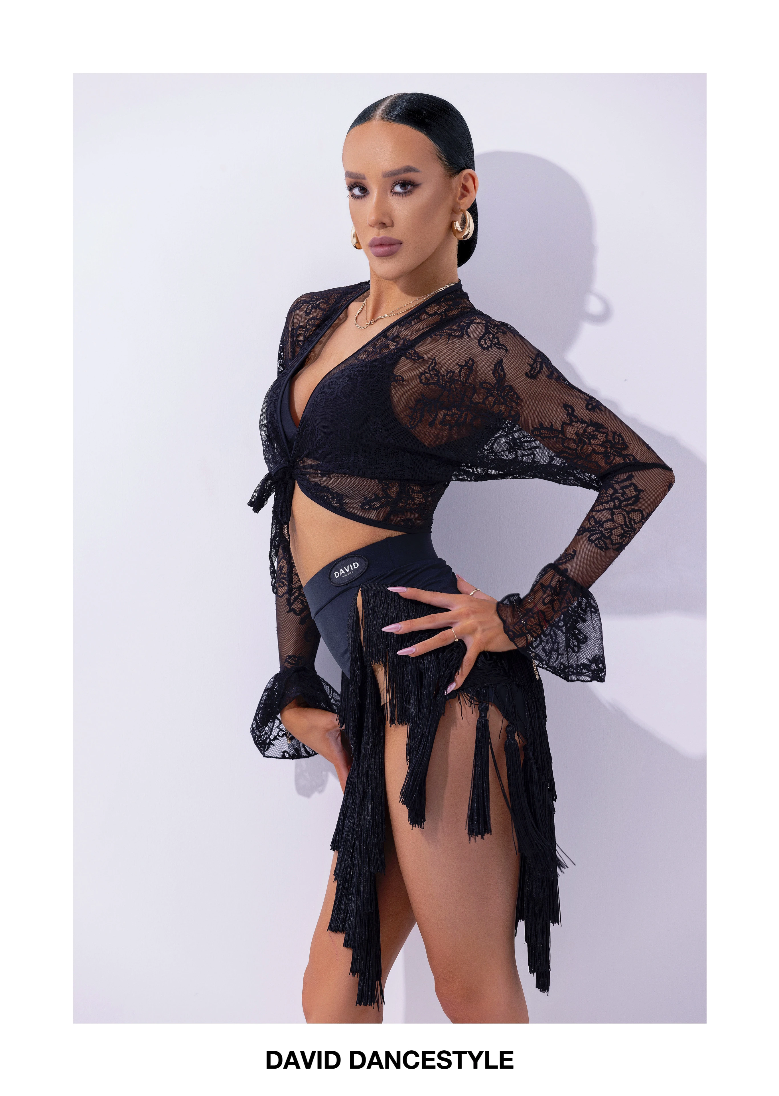 UK latin dansjurk Meisjes 2-delige trainingsset met kanten schouderophalen, Salsa-oefenkleding met hoge split en franje