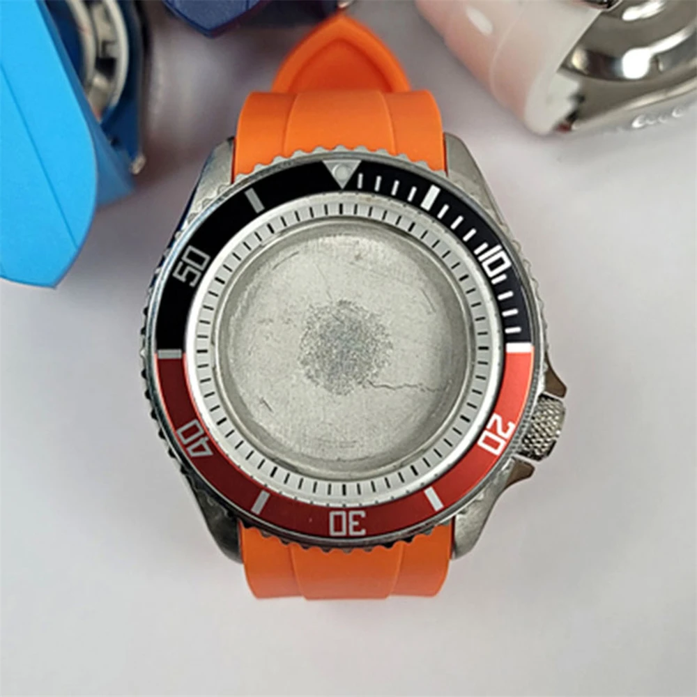 41.5MM Diving Watch Case + Orange Silicone Strap Kits Dual Color SUB Bezel  Mineral Glass for NH35/ NH36/ 4R Movement