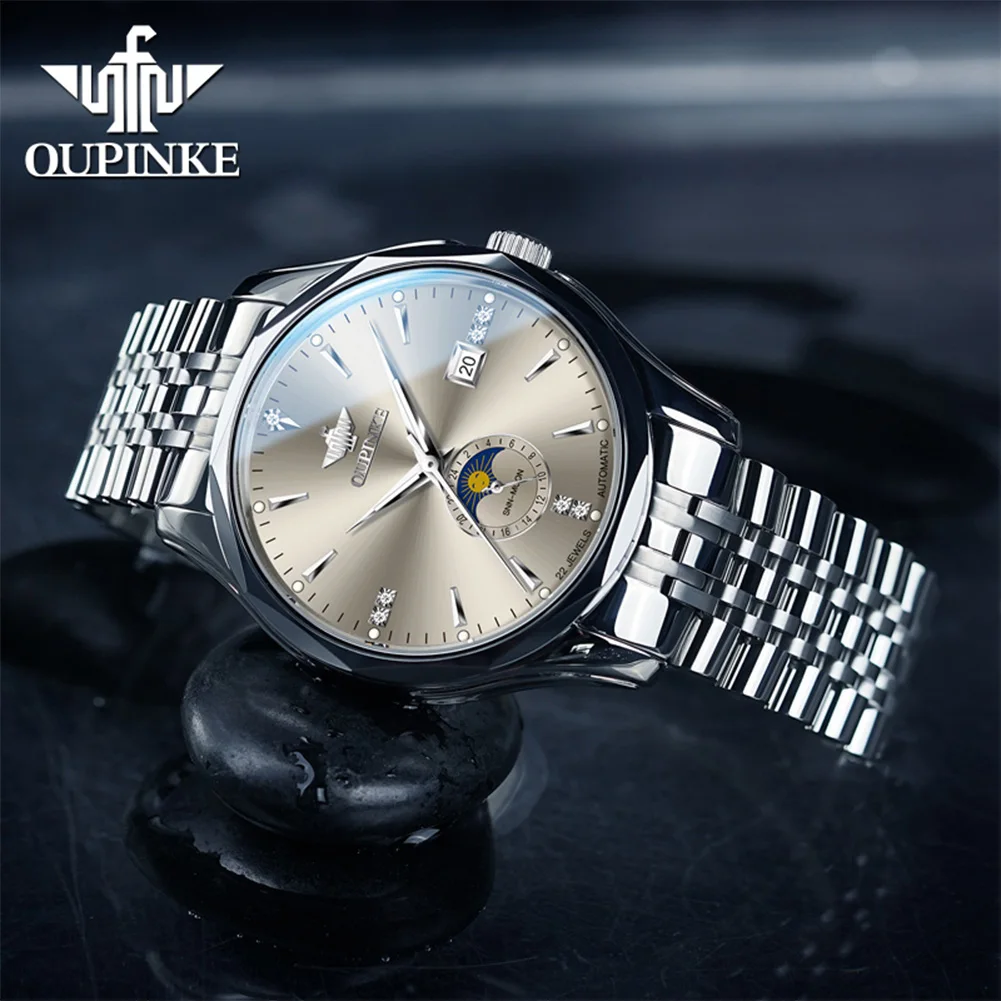 

OUPINKE брендовые новые роскошные автоматические механические часы мужские с серым циферблатом из нержавеющей стали водонепроницаемые светящиеся часы с фазой Луны мужские