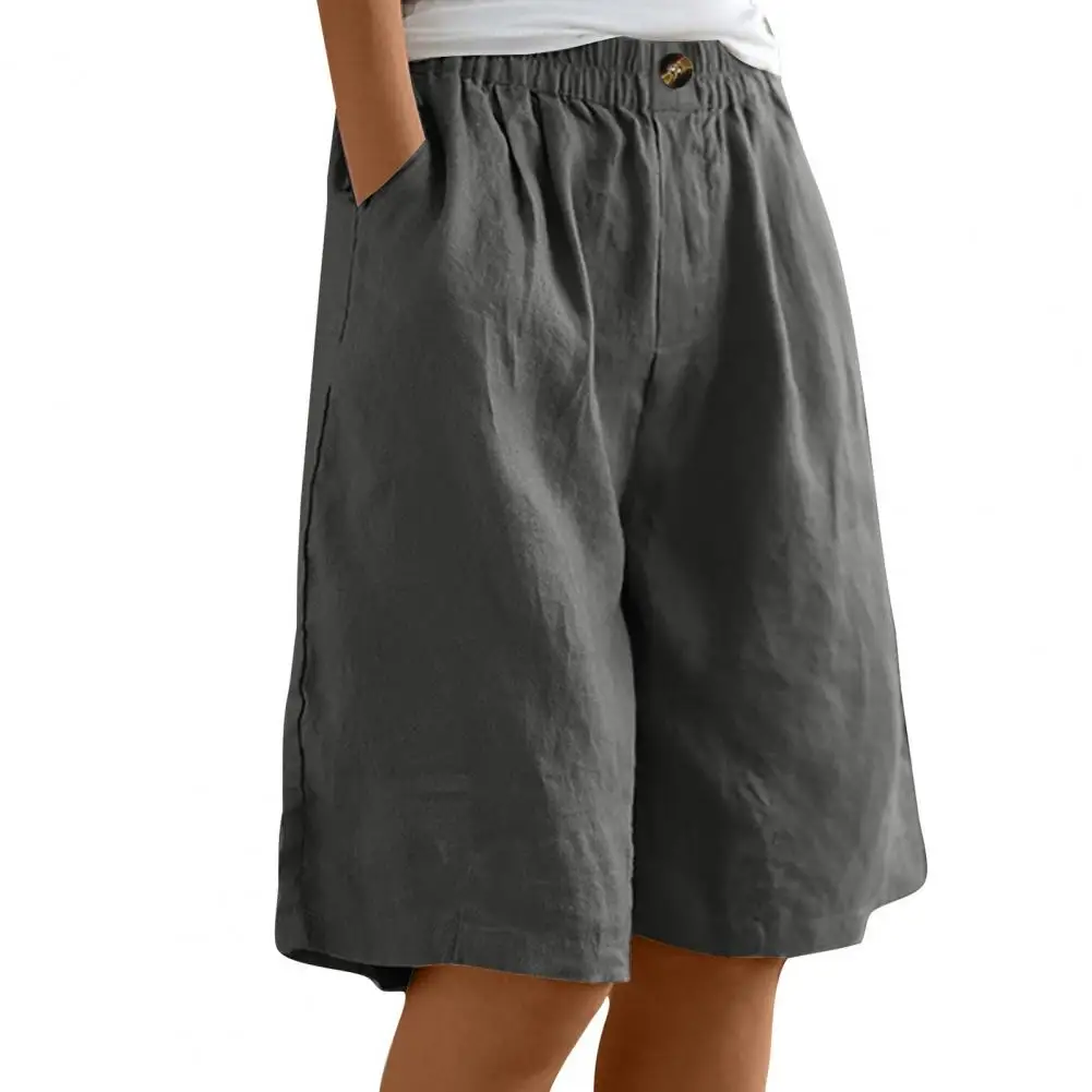 Bermuda Shorts for Women Knee Length High Waisted Baggy Shorts with Pockets Elastic Waist Summer Cotton Linen Beach Vacation Sho
