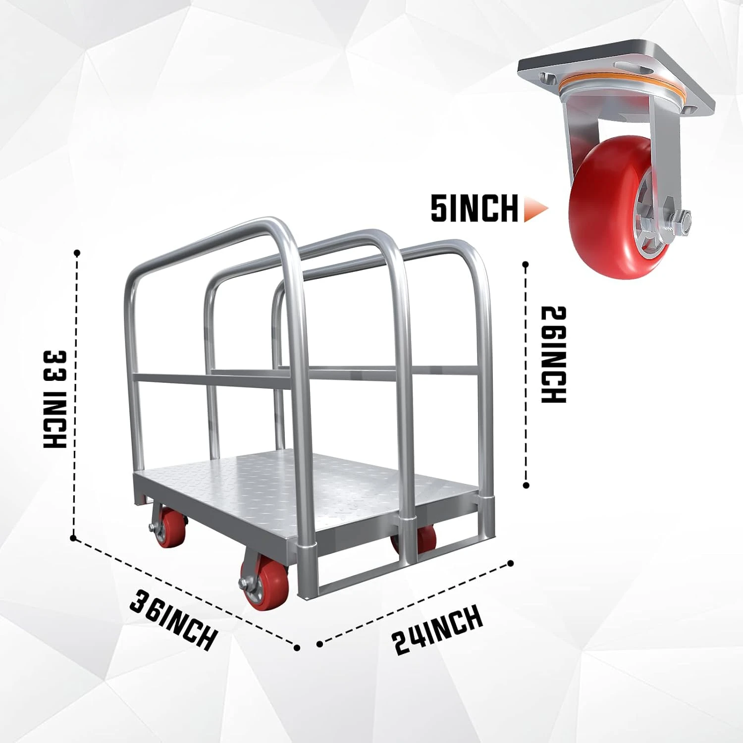 Dolly Cart, Flatbed Cart with 2500 lbs Capacity and 4 Swivel Casters, 36x24inch Steel Board with 3 Side Handrails