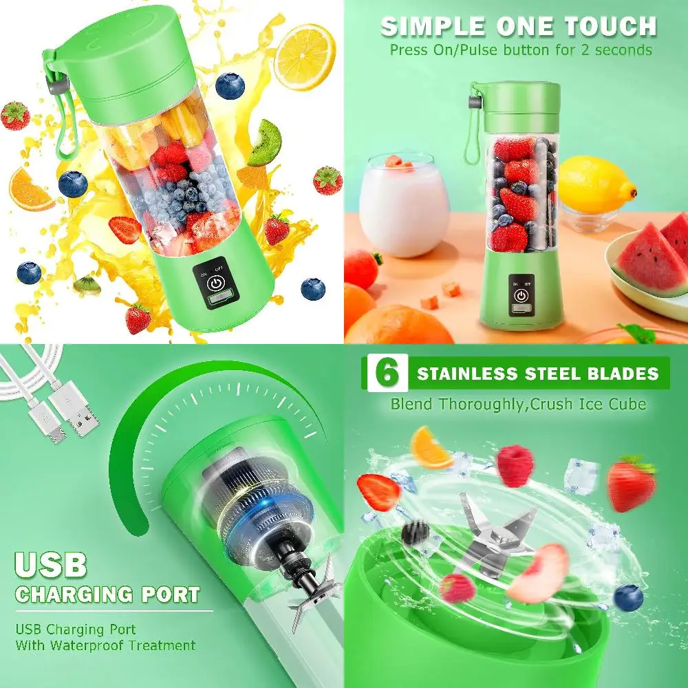 

Green Mini Portable Blender with One-Touche Operation, USB Rechargeable, 6 Stainless Steel Blades - Handheld Personal Size for S