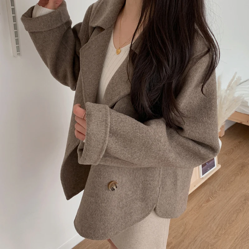 Autumn Winter Double Breasted Woolen Coat Women Korean Style Turn Down Collar Wool Jacket Woman Solid Colort Thick Coats Ladies