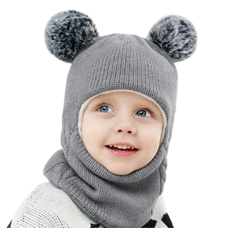 Hooded Scarf Baby Snow Hats Girl Fleece Lined Beanie With Pom Poms Toddler Kids Winter Knitted Kid Hat Scarf Set Earflap