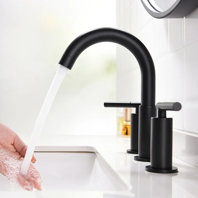 

Matte Black/Brushed Gold Double Handles 3 Hole Bathroom Basin Faucet Cold And Hot Water Mixer Knurling Design Widespread Faucet