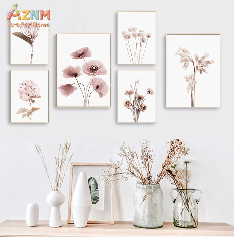 AZNM Blush Pink Dried Flower Canvas Wall Art Poppy Hydrangea Minimalist Floral Line Print Unframed Canvas Neutral Bedroom Boho D