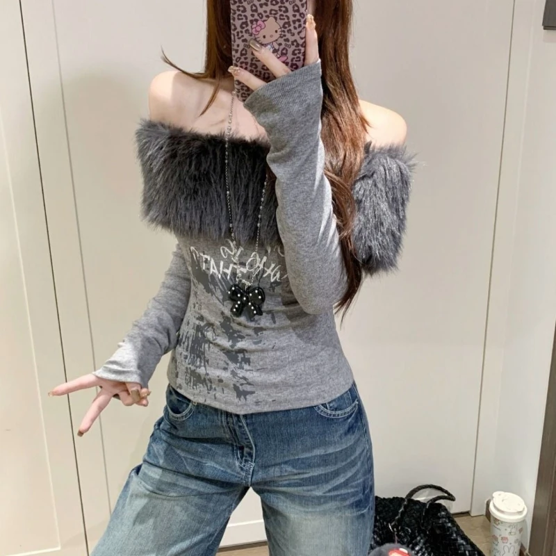 Deeptown Gray Off Shoulder T-Shirts Women Y2k Vintage Graphic Faux Fur Patchwork Tees Long Sleeve Japanese Harajuku Slim Gyaru
